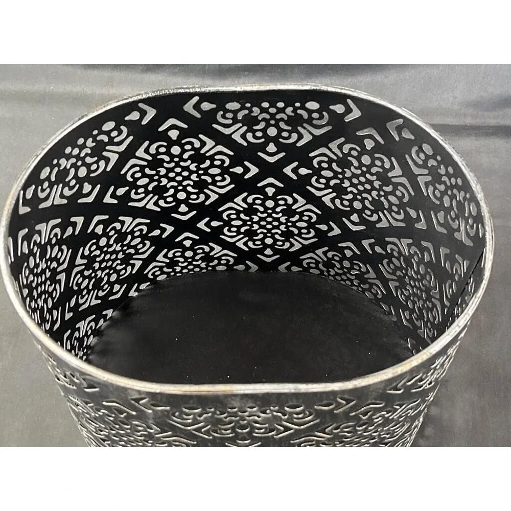 Filigree Silver Metal Cutout Medallion Oval Wastebasket Decorative Bin 9in